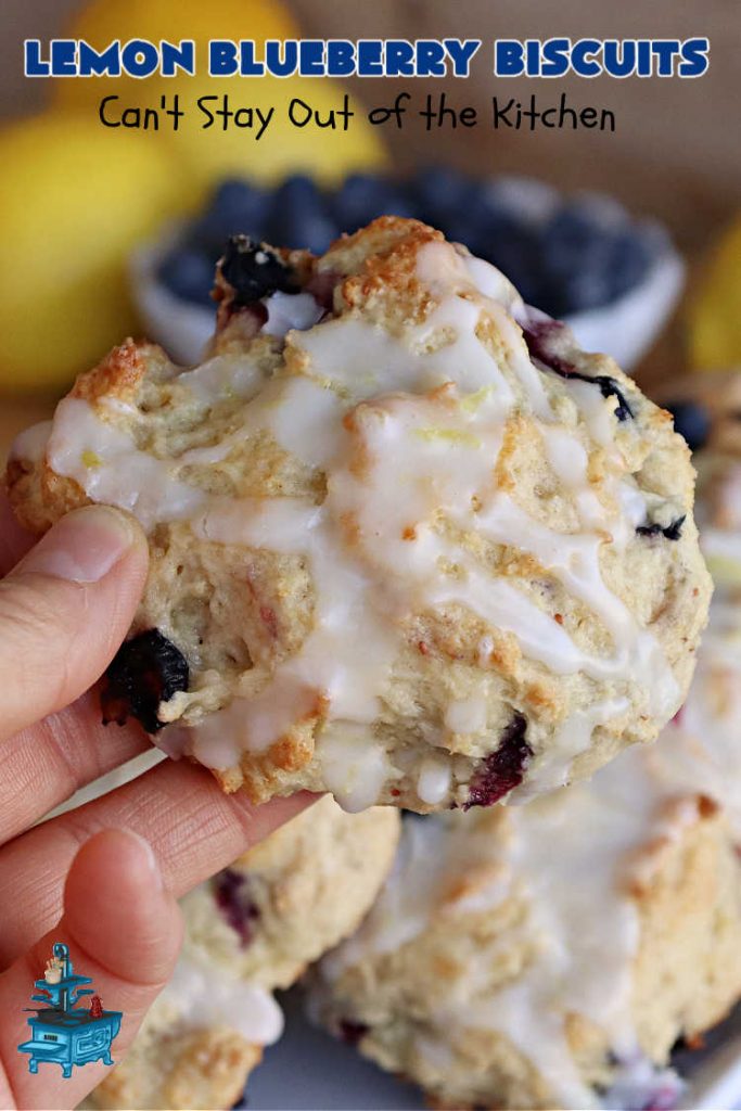 Lemon Blueberry Biscuits | Can't Stay Out of the Kitchen | Prepare to drool over these lovely sweet #biscuits! They're the perfect treat for any weekend, company or #holiday #breakfast or #brunch menu. These delightful #BlueberryBiscuits include fresh #blueberries, #LemonYogurt & #LemonPeel & #LemonJuice in the icing. They're a terrific treat with your morning #coffee. #lemon #HolidayBreakfast #LemonBlueberryBiscuits