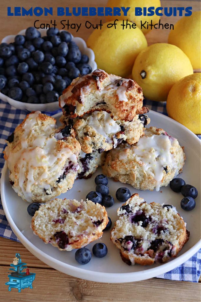 Lemon Blueberry Biscuits | Can't Stay Out of the Kitchen | Prepare to drool over these lovely sweet #biscuits! They're the perfect treat for any weekend, company or #holiday #breakfast or #brunch menu. These delightful #BlueberryBiscuits include fresh #blueberries, #LemonYogurt & #LemonPeel & #LemonJuice in the icing. They're a terrific treat with your morning #coffee. #lemon #HolidayBreakfast #LemonBlueberryBiscuits