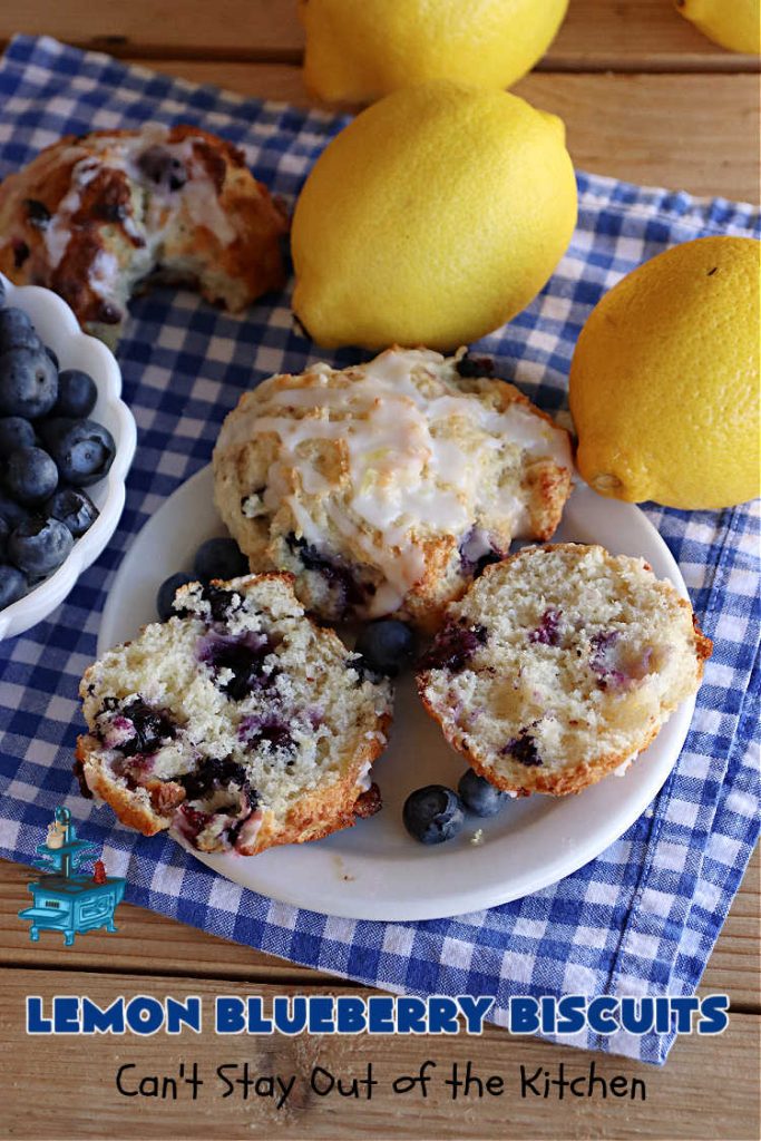 Lemon Blueberry Biscuits | Can't Stay Out of the Kitchen | Prepare to drool over these lovely sweet #biscuits! They're the perfect treat for any weekend, company or #holiday #breakfast or #brunch menu. These delightful #BlueberryBiscuits include fresh #blueberries, #LemonYogurt & #LemonPeel & #LemonJuice in the icing. They're a terrific treat with your morning #coffee. #lemon #HolidayBreakfast #LemonBlueberryBiscuits