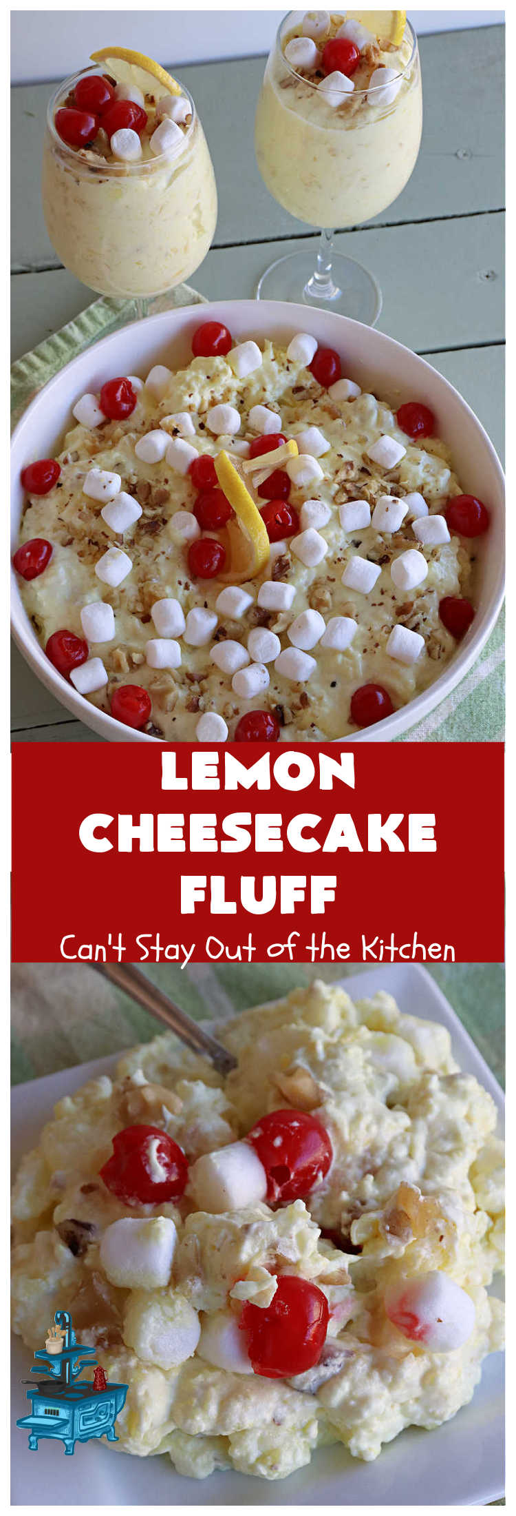 Lemon Cheesecake Fluff | Can't Stay Out of the Kitchen | this spectacular "fluff"-type #FruitSalad is terrific for company or #holiday dinners. It includes #CreamCheese, #CheesecakePuddingMix, #Lemon #JellO, miniature #marshmallows, #CoolWhip & #walnuts.Serve it in a trifle dish, glass bowl or parfait glasses for special occasions. #LemonCheesecakeFluff #salad
