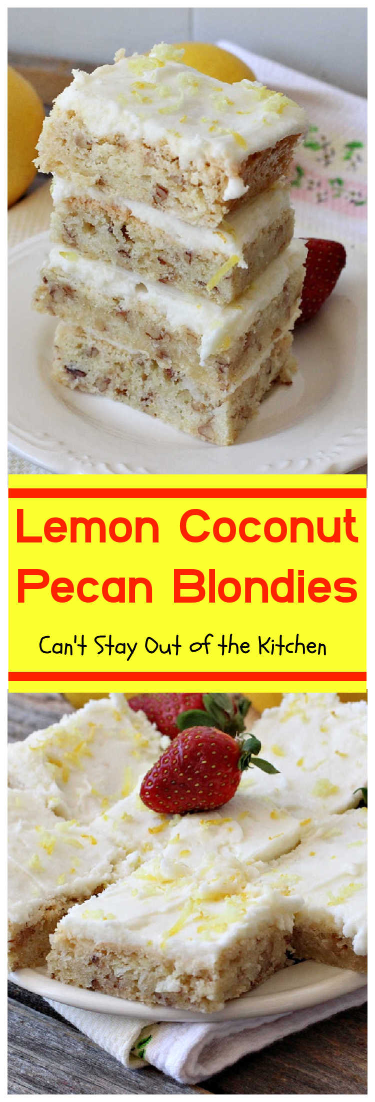 Lemon Coconut Pecan Blondies | Can't Stay Out of the Kitchen | these #cookies are divine! They have a heavenly #lemon icing and are filled with #coconut & #pecans. Great for #holiday #baking, #potlucks or #tailgating. #dessert #HolidayDessert #LemonDessert #brownie #LemonCoconutPecanBlondies