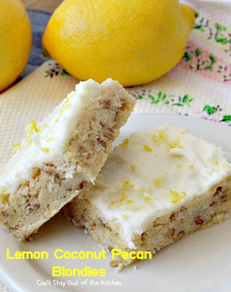 Lemon Coconut Pecan Blondies | Can't Stay Out of the Kitchen | these #cookies are divine! They have a heavenly #lemon icing and are filled with #coconut & #pecans. Great for #potlucks or #tailgating. #dessert