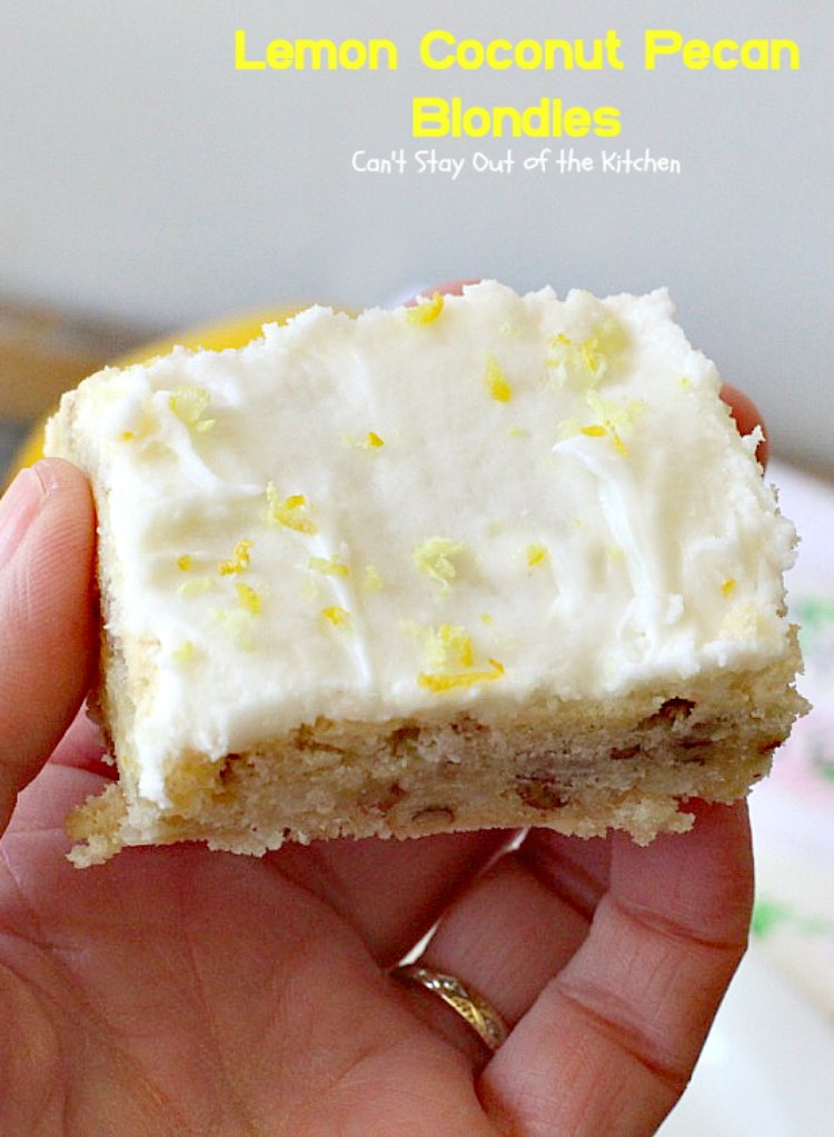 Lemon Coconut Pecan Blondies | Can't Stay Out of the Kitchen | these #cookies are divine! They have a heavenly #lemon icing and are filled with #coconut & #pecans. Great for #potlucks or #tailgating. #dessert
