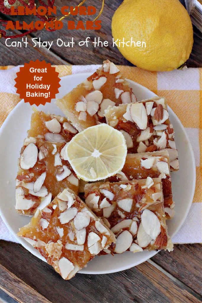 Lemon Curd Almond Bars | Can't Stay Out of the Kitchen | these drool-worthy #cookies are perfect for #holiday #baking & #Christmas or #NewYearsDay parties. #LemonCurd in the filling makes these goodies sensational. #dessert #HolidayDessert #LemonCurdDessert #almonds #AlmondDessert #LemonCurdAlmondBarsLemon Curd Almond Bars | Can't Stay Out of the Kitchen | these drool-worthy #cookies are perfect for #holiday #baking & #Christmas or #NewYearsDay parties. #LemonCurd in the filling makes these goodies sensational. #dessert #HolidayDessert #LemonCurdDessert #almonds #AlmondDessert #LemonCurdAlmondBars