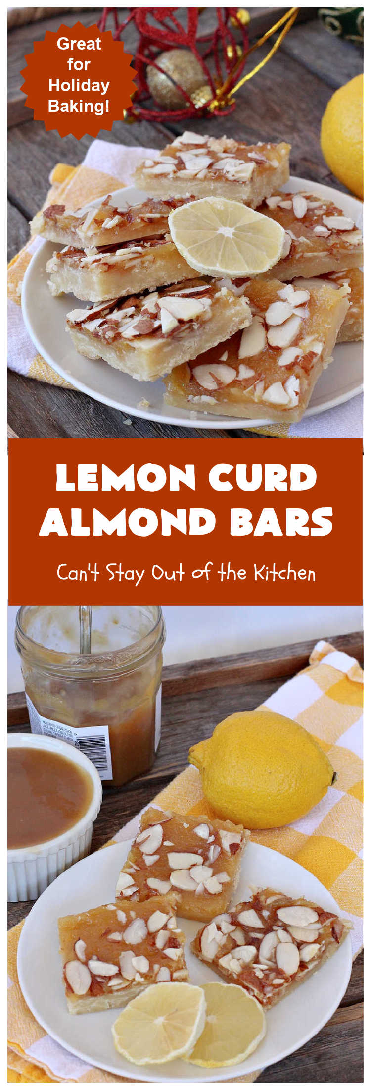 Lemon Curd Almond Bars | Can't Stay Out of the Kitchen | these drool-worthy #cookies are perfect for #holiday #baking & #Christmas or #NewYearsDay parties. #LemonCurd in the filling makes these goodies sensational. #dessert #HolidayDessert #LemonCurdDessert #almonds #AlmondDessert #LemonCurdAlmondBars