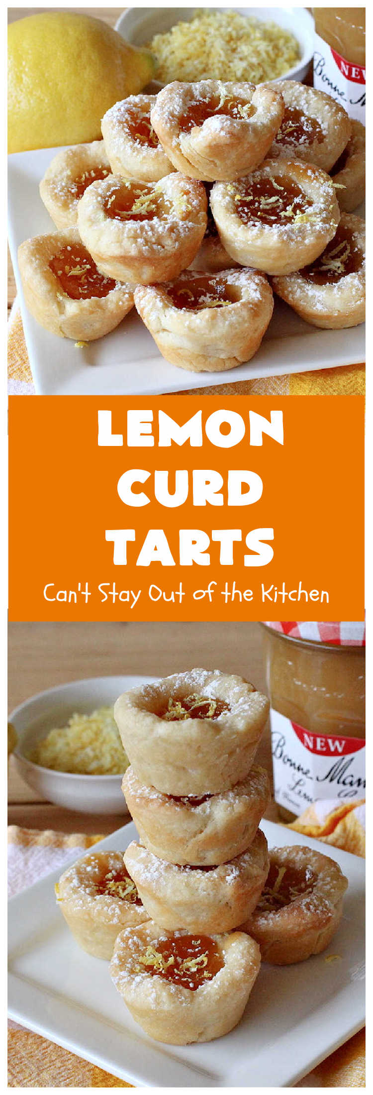 Lemon Curd Tarts | Can't Stay Out of the Kitchen | This awesome 6 ingredient #recipe is perfect for #holiday #baking & #ChristmasCookieExchanges. These festive #cookies are filled with #LemonCurd & are absolutely delightful. Every bite will have you drooling! #lemons #dessert #LemonDessert #LemonCurdTarts