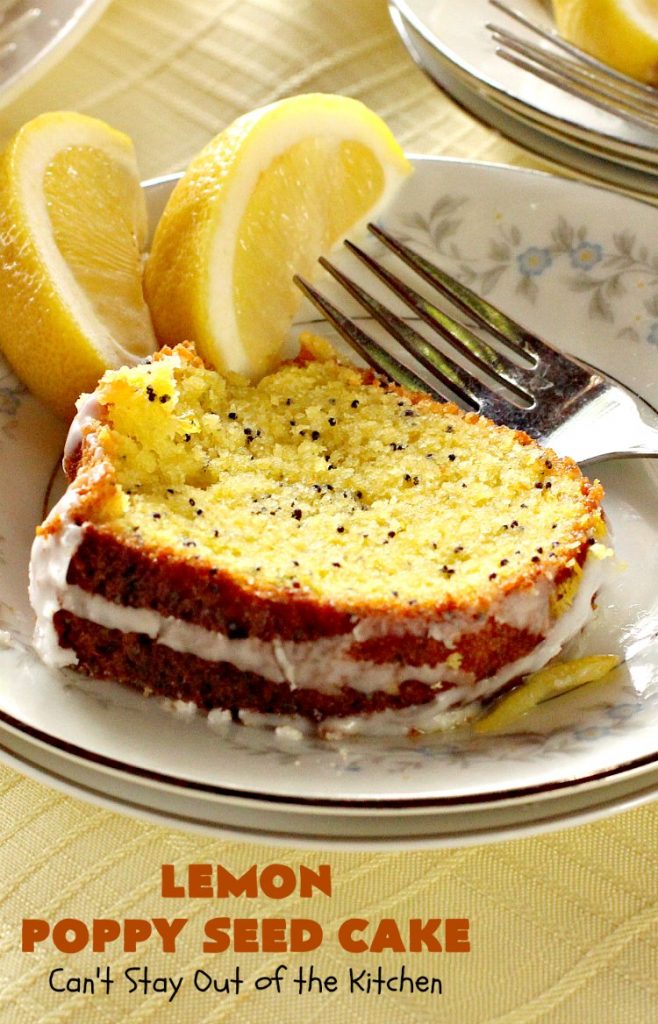 Lemon Poppy Seed Cake | Can't Stay Out of the Kitchen | this delicious #coffeecake starts with a boxed #cakemix. It's easy, lemony & absolutely mouthwatering. We serve it for #breakfast or as a #dessert. #Holiday #Lemon #poppyseeds #LemonCake #HolidayBreakfast #HolidayDessert #EasyLemonCake #LemonDessert #LemonCoffeeCake