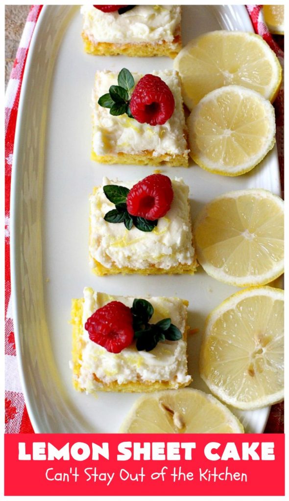 Lemon Sheet Cake | Can't Stay Out of the Kitchen | this delicious #lemon #cake uses only 8 ingredients for the cake & the icing. It's so easy, yet has a luscious lemony taste to die for! The #CreamCheese icing is wonderful. #dessert #tailgating #LemonDessert #LemonSheetCake #Holiday #HolidayDessert