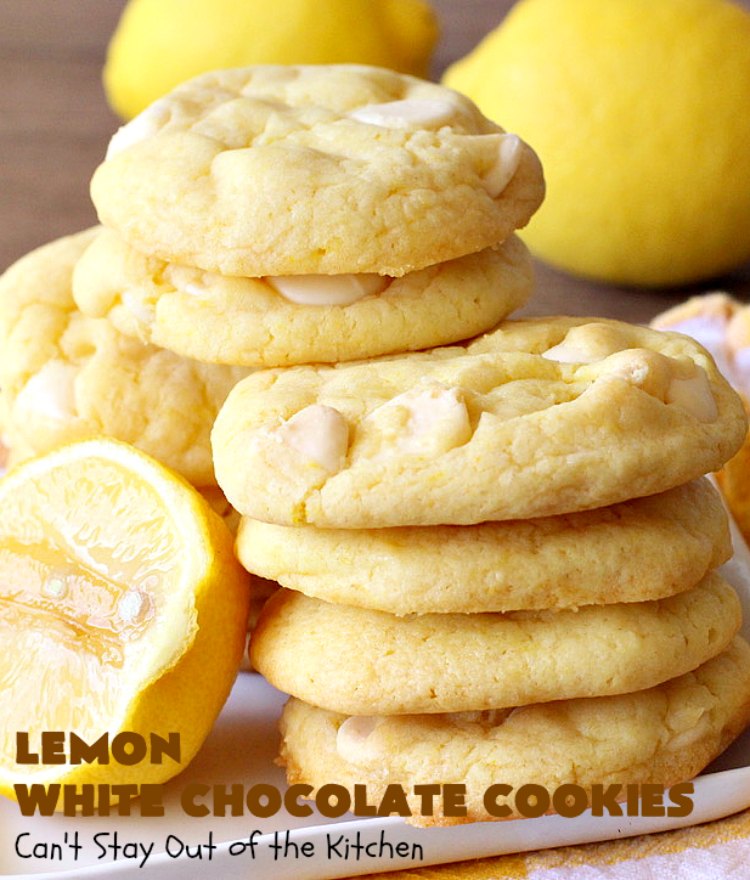 Lemon White Chocolate Cookies | Can't Stay Out of the Kitchen | super easy 4-ingredient #recipe with a #lemon #CakeMix & #WhiteChocolateChips Wonderful for #tailgating parties, potlucks & summer #holiday fun like #FourthOfJuly. #chocolate #cookies #LemonDessert #ChocolateDessert #LemonWhiteChocolateCookies