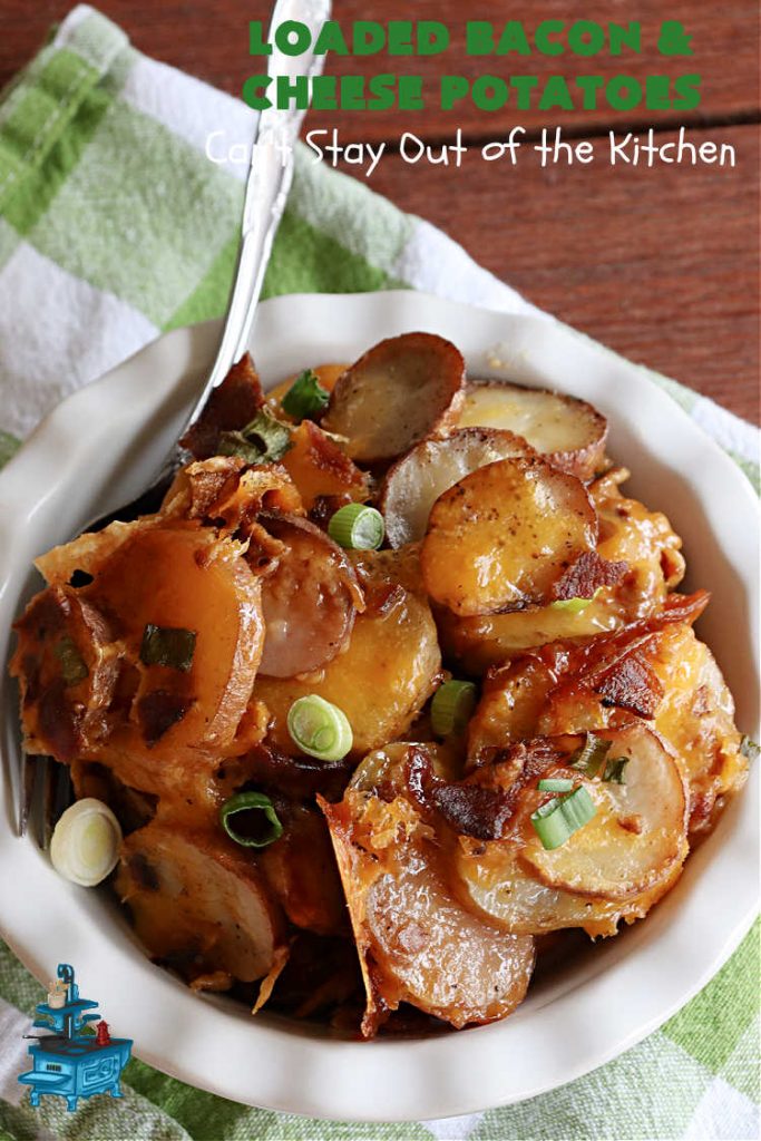 Loaded Bacon and Cheese Potatoes | These fantastic #potatoes are dripping with #CheddarCheese & loads of #bacon. Every bite will knock your socks off. This is a great #casserole for family, company or #holiday dinners. Everyone will want seconds. #GlutenFree #PotatoMedley #LoadedBaconAndCheesePotatoes