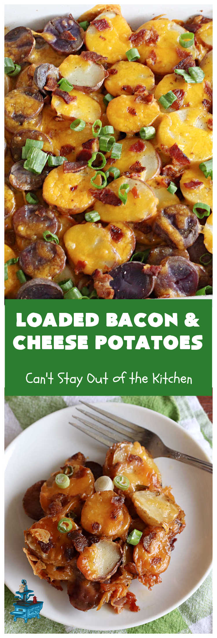 Loaded Bacon and Cheese Potatoes | These fantastic #potatoes are dripping with #CheddarCheese & loads of #bacon. Every bite will knock your socks off. This is a great #casserole for family, company or #holiday dinners. Everyone will want seconds. #GlutenFree #PotatoMedley #LoadedBaconAndCheesePotatoes