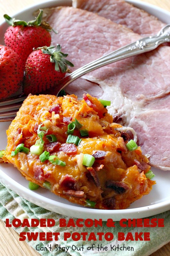 Loaded Bacon and Cheese Sweet Potato Bake | Can't Stay Out of the Kitchen | this #SweetPotato #casserole is awesome! It's loaded with #bacon, #CheddarCheese & green onions. If you want comfort food on your #Holiday #Thanksgiving or #Christmas menu, #LoadedBaconAndCheeseSweetPotatoBake needs to be on it! #GlutenFree #SideDish #SweetPotatoes #GlutenFreeSideDish