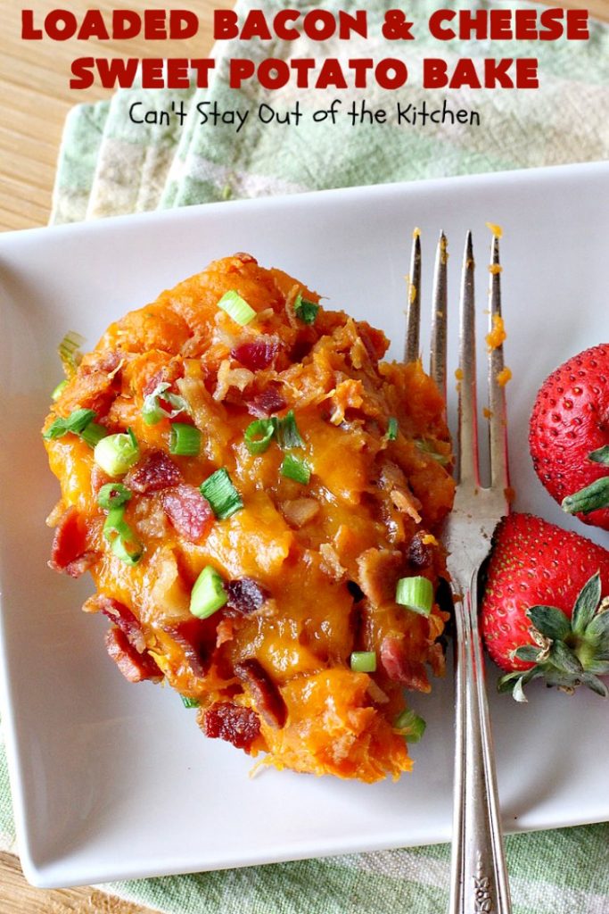Loaded Bacon and Cheese Sweet Potato Bake | Can't Stay Out of the Kitchen | this #SweetPotato #casserole is awesome! It's loaded with #bacon, #CheddarCheese & green onions. If you want comfort food on your #Holiday #Thanksgiving or #Christmas menu, #LoadedBaconAndCheeseSweetPotatoBake needs to be on it! #GlutenFree #SideDish #SweetPotatoes #GlutenFreeSideDish