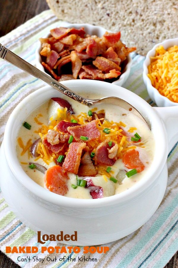 Loaded Baked Potato Soup | Can't Stay Out of the Kitchen | This #Disney copycat recipe is one of the most awesome #soup recipes ever. Loaded with #bacon, #cheddarcheese and red #potatoes.