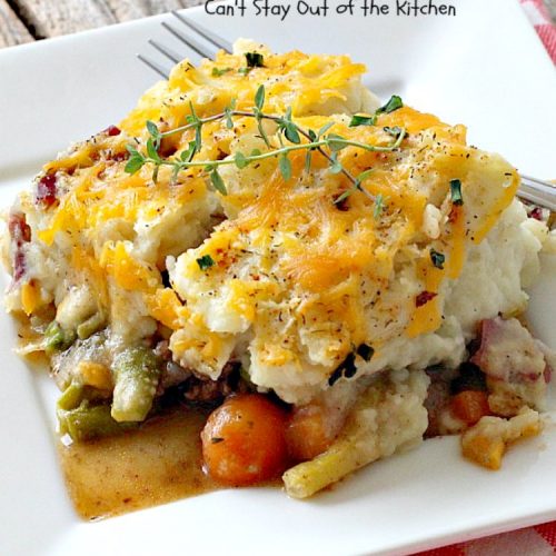 Loaded Beef and Vegetables Shepherd's Pie | Can't Stay Out of the Kitchen | this #casserole is an amazing #shepherdspie recipe. It makes 2 casseroles. One for now and one to freeze for later. #beef #cheese #glutenfree #shepherdspie #mashedpotatoes
