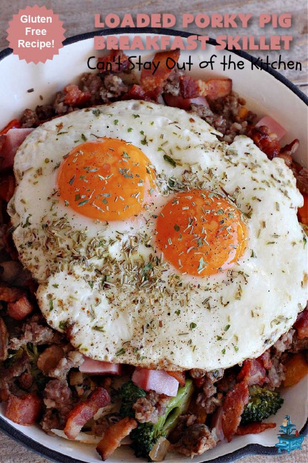 Loaded Porky Pig Breakfast Skillet | Can't Stay Out of the Kitchen | this fantastic #BreakfastSkillet includes #ham, #sausage & #bacon along with lots of fresh veggies, two kinds of #cheese, #HashBrowns & #eggs. It's irresistible & mouthwatering along with being a very filling and satisfying #breakfast entree for weekends or #holidays. If you enjoy big breakfasts, this one can't be beat! #LoadedPorkyPigBreakfastSkillet #pork #SkilletBreakfast #MontereyJackCheese #CheddarCheese