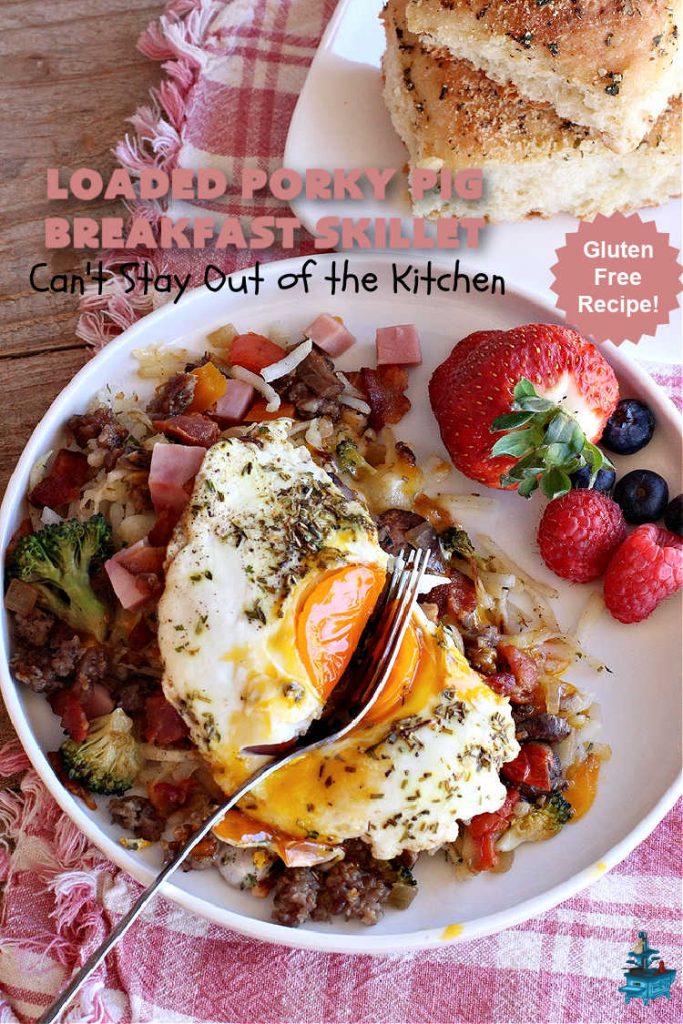 Loaded Porky Pig Breakfast Skillet | Can't Stay Out of the Kitchen | this fantastic #BreakfastSkillet includes #ham, #sausage & #bacon along with lots of fresh veggies, two kinds of #cheese, #HashBrowns & #eggs. It's irresistible & mouthwatering along with being a very filling and satisfying #breakfast entree for weekends or #holidays. If you enjoy big breakfasts, this one can't be beat! #LoadedPorkyPigBreakfastSkillet #pork #SkilletBreakfast #MontereyJackCheese #CheddarCheese