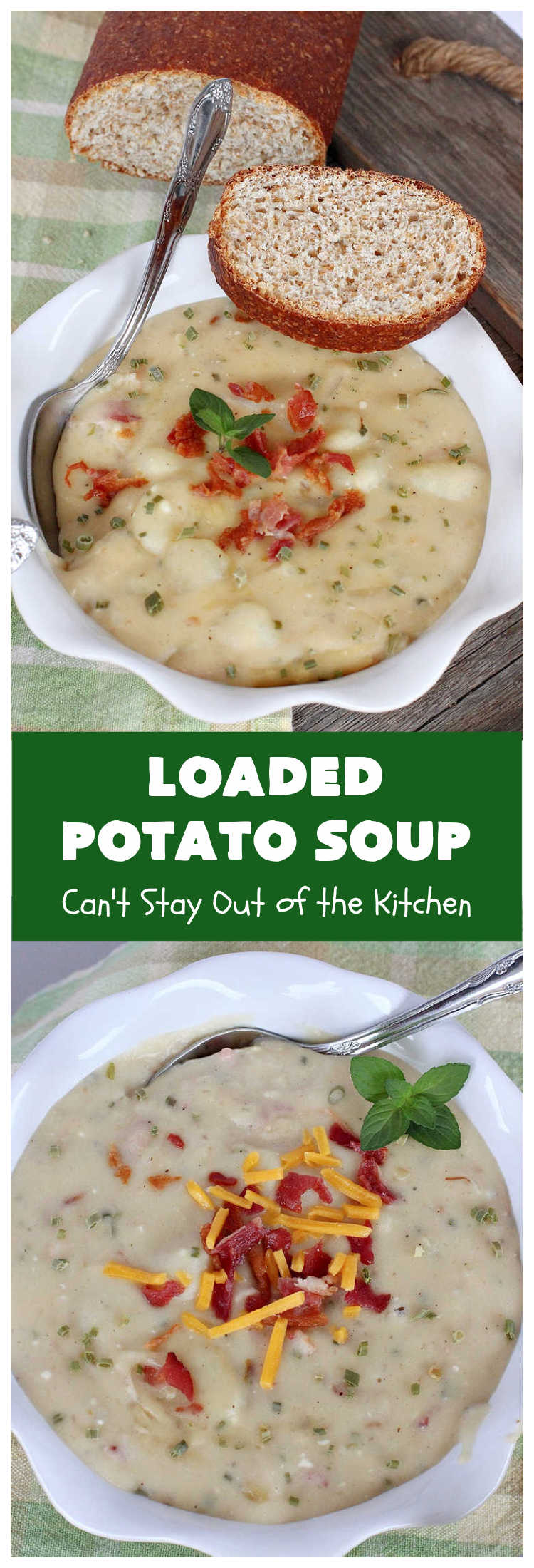 Loaded Potato Soup | Can't Stay Out of the Kitchen | this fantastic #PotatoSoup #recipe includes #potatoes, #bacon, #chives & #CreamCheese. It's heavenly & the perfect dinner entree for fall or winter nights. You'll find this #soup mouthwatering & irresistible! #LoadedPotatoSoup