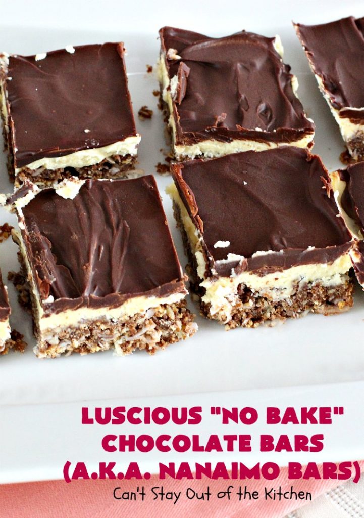 Luscious No Bake Chocolate Bars - Nanaimo Bars | Can't Stay Out of the Kitchen | this #dessert is sinfully rich & so decadent. Every bite will have you drooling. It's the perfect #brownie to wow your family & friends. #FathersDay #FathersDayDessert #Chocolate #cookie #ChocolateDessert #NanaimoBars #Canada #coconut #NoBakeDessert #LusciousNoBakeChocolateBars #holiday #HolidayDessert