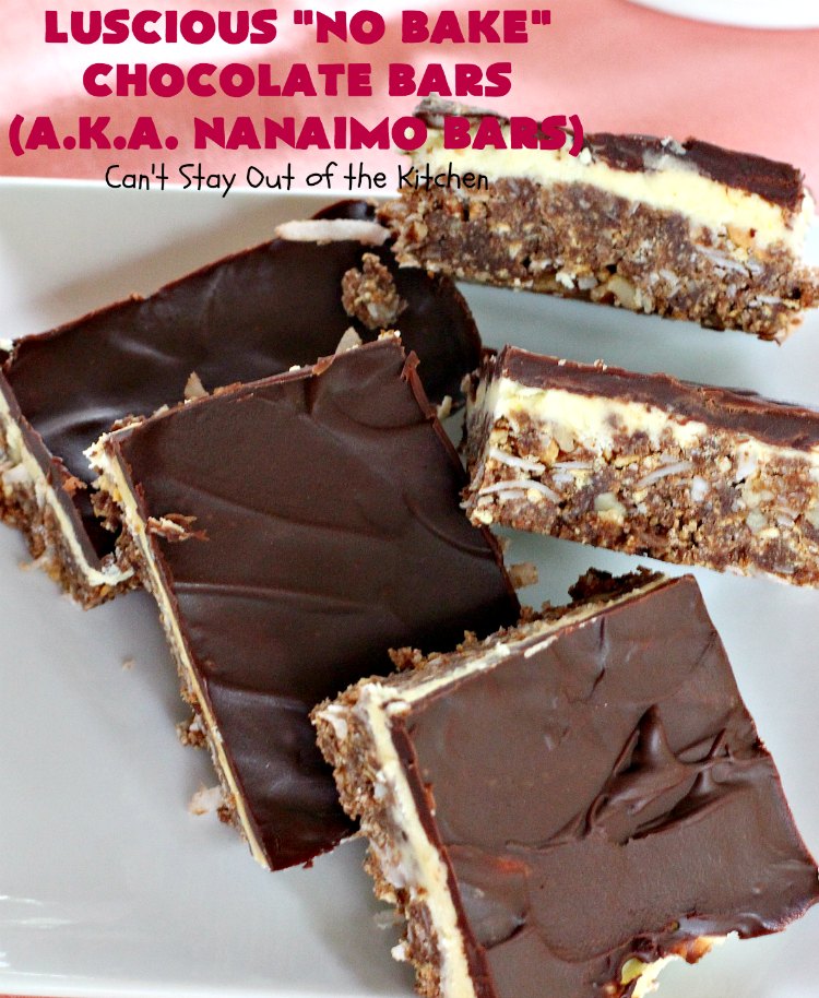 Luscious No Bake Chocolate Bars - Nanaimo Bars | Can't Stay Out of the Kitchen | this #dessert is sinfully rich & so decadent. Every bite will have you drooling. It's the perfect #brownie to wow your family & friends. #FathersDay #FathersDayDessert #Chocolate #cookie #ChocolateDessert #NanaimoBars #Canada #coconut #NoBakeDessert #LusciousNoBakeChocolateBars #holiday #HolidayDessert