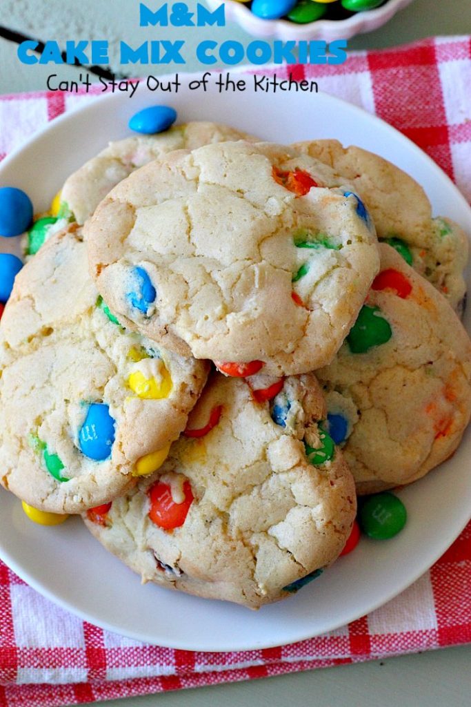 M&M Cake Mix Cookies | Can't Stay Out of the Kitchen | These delectable 5-ingredient #cookies are so quick & easy to make. They're filled with #MMs & start with a #CakeMix. Perfect for #ValentinesDay, #tailgating parties, potlucks or any gathering with friends. #MMDessert #HolidayDessert #ValentinesDayDessert #ChocolateDessert #CakeMixDessert #MMCakeMixCookies #chocolate #dessert
