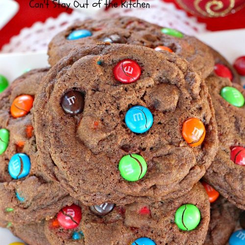 M&M Chocolate Cookies | Can't Stay Out of the Kitchen | these fantastic #chocolate #cookies are so festive and beautiful for the #holidays. They're double loaded with chocolate & #MMs. This #dessert is absolutely a chocolate lover's delight! #ChristmasCookieExchange #HolidayBaking #HolidayDessert #baking #ChocolateDessert #MMDessert #MMChocolateCookies