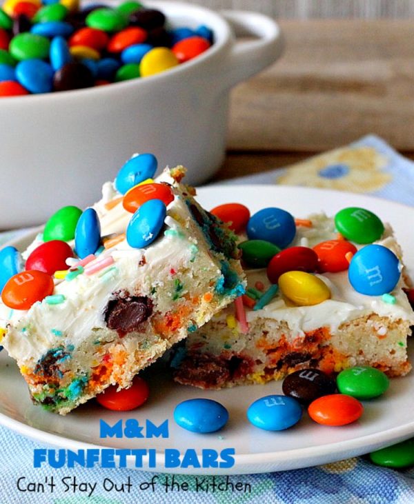 M&M Funfetti Bars | Can't Stay Out of the Kitchen | this easy 6-ingredient #recipe will knock your socks off! Every bite is so rich, decadent & divine. If you enjoy the flavors of #MMs & #Funfetti, you'll love these luscious #dessert #brownies. Great for #tailgating, potlucks or #holiday #baking. #MMFunfettiBars #ConfettiCakeMix #ChocolateDessert #cookies #MMDessert #6IngredientBrownies #chocolate
