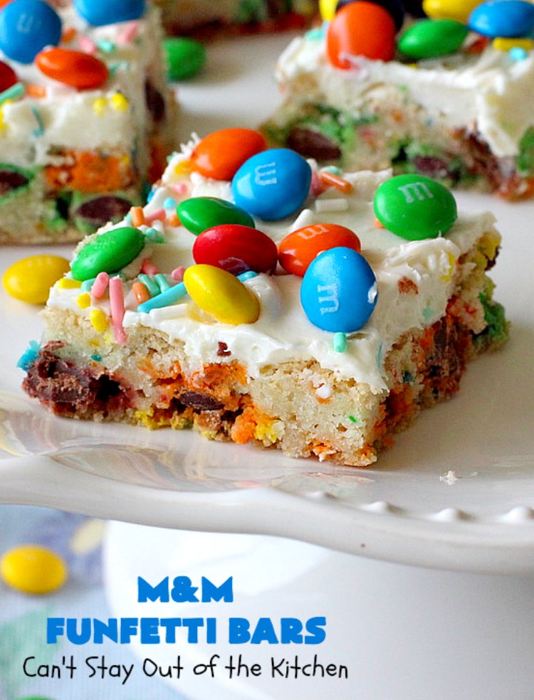 M&M Funfetti Bars | Can't Stay Out of the Kitchen | this easy 6-ingredient #recipe will knock your socks off! Every bite is so rich, decadent & divine. If you enjoy the flavors of #MMs & #Funfetti, you'll love these luscious #dessert #brownies. Great for #tailgating, potlucks or #holiday #baking. #MMFunfettiBars #ConfettiCakeMix #ChocolateDessert #cookies #MMDessert #6IngredientBrownies #chocolate