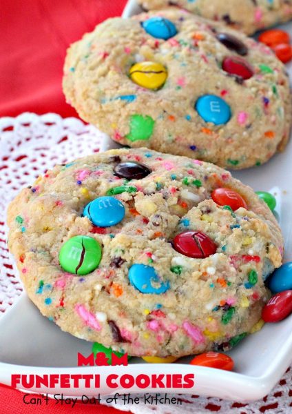 M&M Funfetti Cookies | Can't Stay Out of the Kitchen | these spectacular #cookies are filled with both #MMs & #funfetti #sprinkles! They are so drool-worthy. Every bite will have you coming back for more. Great #dessert for #tailgating or #Christmas parties, potlucks, or summer #holiday fun. #chocolate #ChocolateDessert #MMDessert #FunfettiDessert
