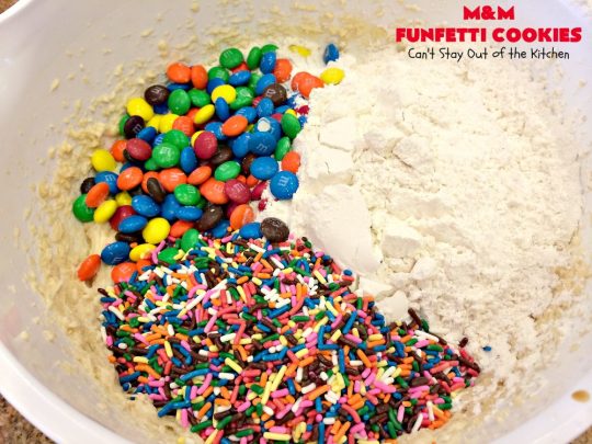 M&M Funfetti Cookies | Can't Stay Out of the Kitchen | these spectacular #cookies are filled with both #MMs & #funfetti #sprinkles! They are so drool-worthy. Every bite will have you coming back for more. Great #dessert for #tailgating or #Christmas parties, potlucks, or summer #holiday fun. #chocolate #ChocolateDessert #MMDessert #FunfettiDessert