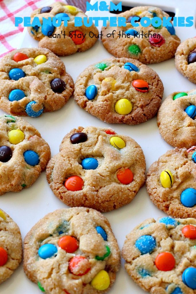 M&M Peanut Butter Cookies | Can't Stay Out of the Kitchen | these spectacular #cookies are divine! They're filled with #PeanutButter and #MMs! What's not to love? They'll cure any sweet tooth craving. Wonderful for #holiday #baking & #ChristmasCookieExchanges. #chocolate #PeanutButterCookies #ChocolateDessert #PeanutButterDessert #MMDessert #MMPeanutButterCookies