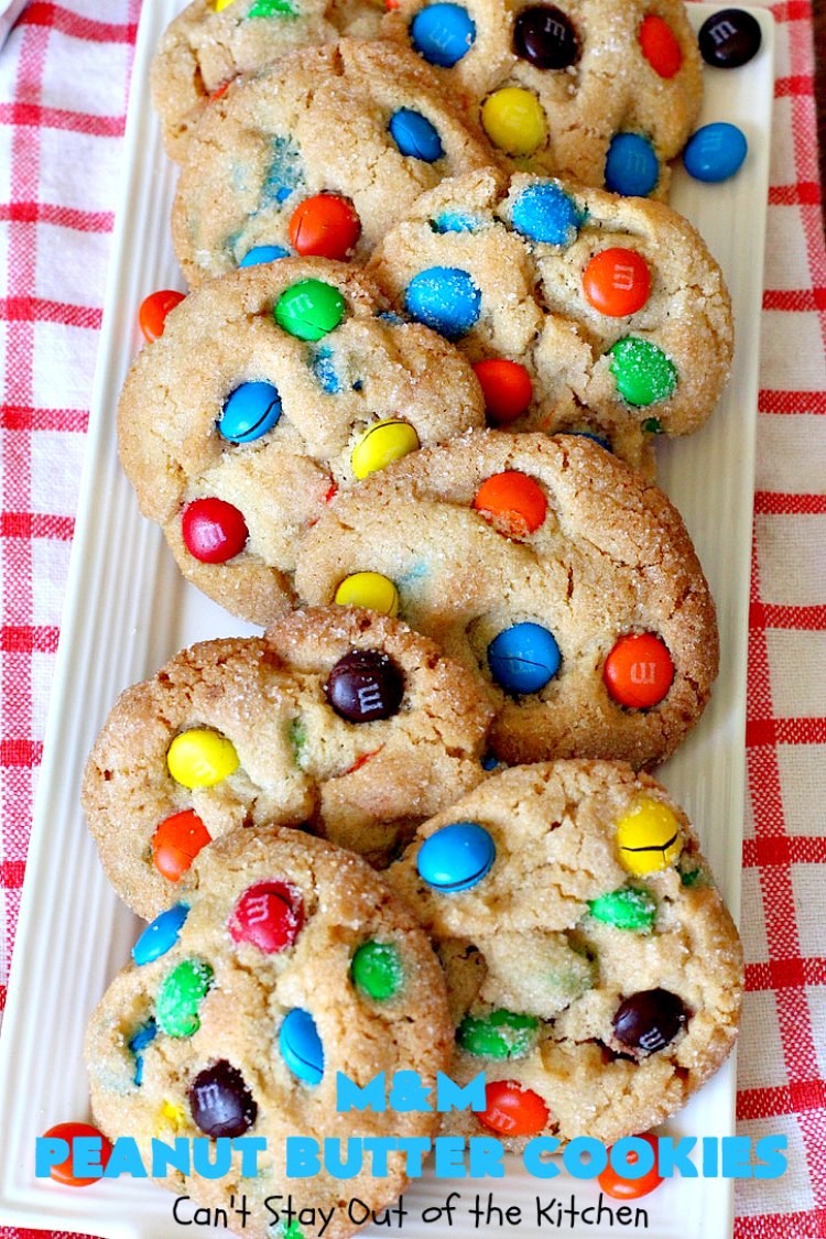 M&M Peanut Butter Cookies | Can't Stay Out of the Kitchen | these spectacular #cookies are divine! They're filled with #PeanutButter and #MMs! What's not to love? They'll cure any sweet tooth craving. Wonderful for #holiday #baking & #ChristmasCookieExchanges. #chocolate #PeanutButterCookies #ChocolateDessert #PeanutButterDessert #MMDessert #MMPeanutButterCookies