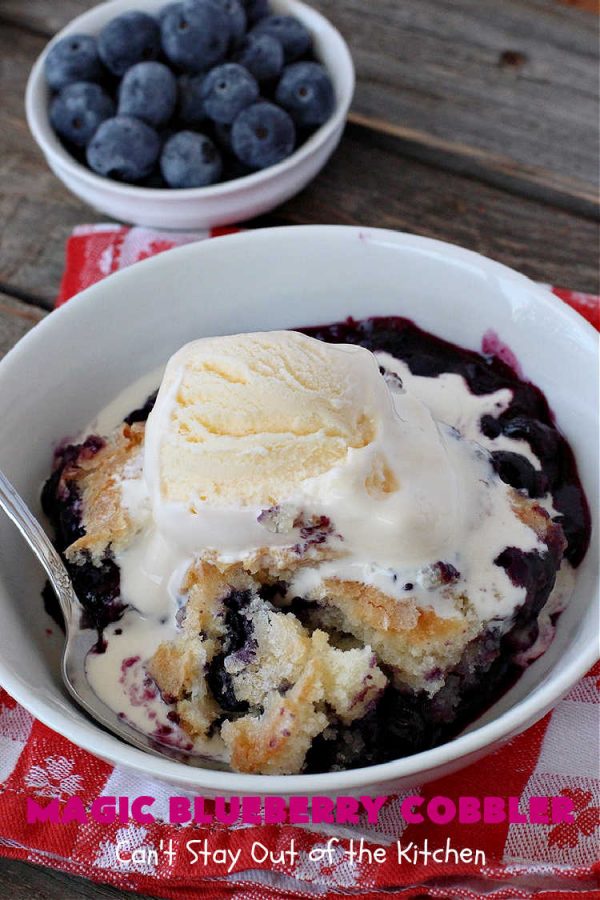 Magic Blueberry Cobbler | Can't Stay Out of the Kitchen | this #cobbler really is magic! It's layered with fresh #blueberries, then a topping and finally it has a sugar glaze on top like glazed donuts! Perfect for a company or #holiday #dessert. #HolidayDessert #BlueberryCobbler #BlueberryDessert #MagicBlueberryCobbler