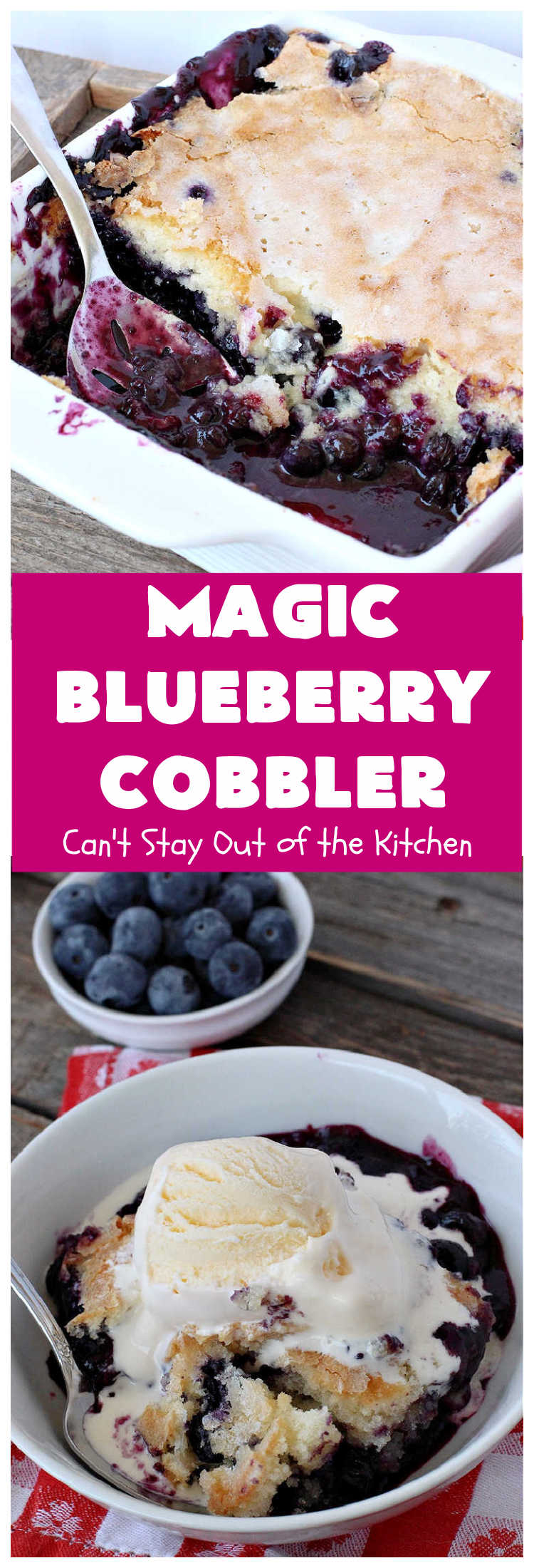 Magic Blueberry Cobbler | Can't Stay Out of the Kitchen  | this #cobbler really is magic! It's layered with fresh #blueberries, then a topping and finally it has a sugar glaze on top like glazed donuts! Perfect for a company or #holiday #dessert. #HolidayDessert #BlueberryCobbler #BlueberryDessert #MagicBlueberryCobbler