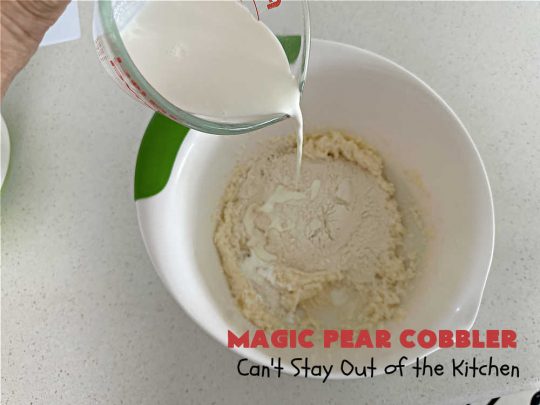 Magic Pear Cobbler | Can't Stay Out of the Kitchen | this fantastic #pear #cobbler is a layered #dessert that magically comes together while #baking! #Pears & #cinnamon provide wonderful flavor. Serve with #IceCream & it's even better! Great for family gatherings & picnics. #PearDessert #MagicPearCobbler