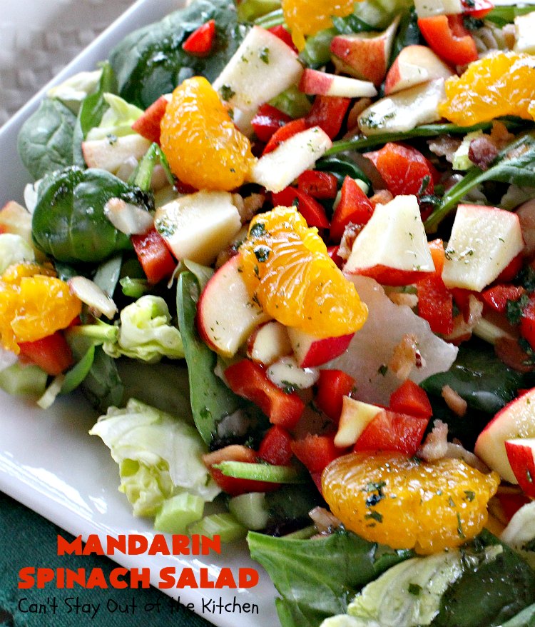 Mandarin Spinach Salad | Can't Stay Out of the Kitchen | this fantastic #salad uses #mandarinoranges, #apples, homemade cinnamon-sugar #almonds & has a homemade salad dressing with a dash of hot sauce that's absolutely dynamite. This salad is terrific for company or #holiday dinners like #MothersDay or #FathersDay. It's also great made with #strawberries & #kiwi. #vegan #Glutenfree