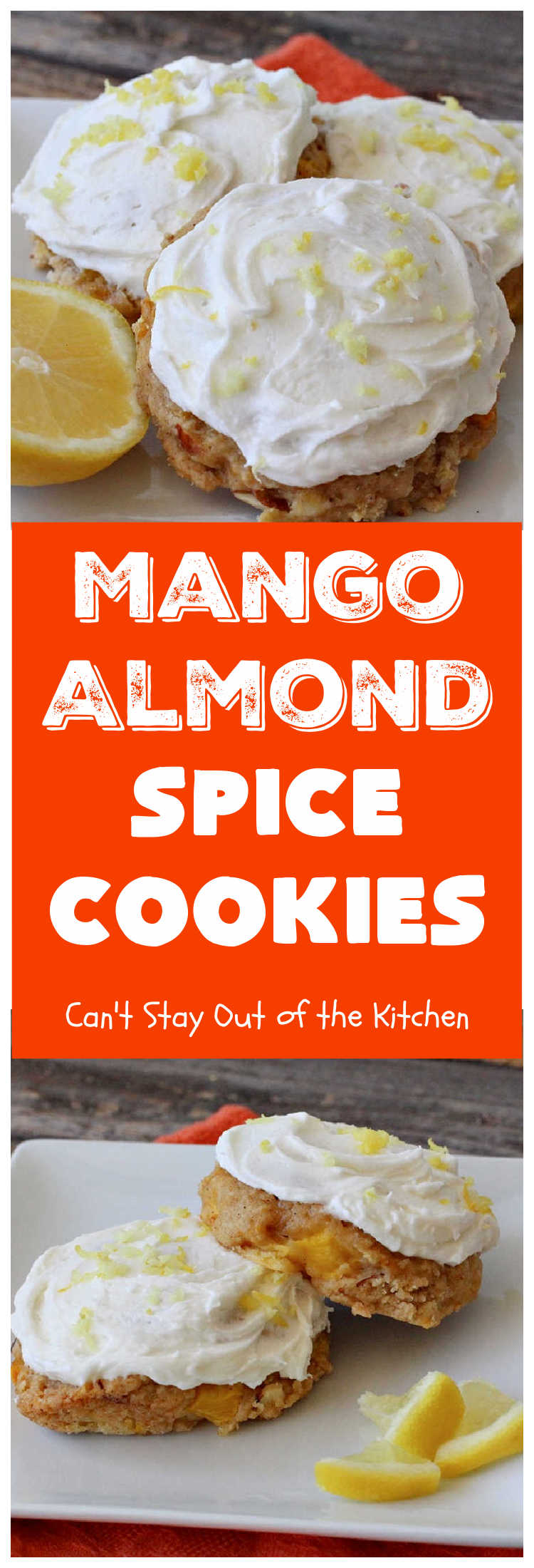 Mango Almond Spice Cookies | Can't Stay Out of the Kitchen | these amazing #cookies are heavenly. The #Lemon Buttercream Frosting is divine. Perfect for summer holidays, backyard barbecues & potlucks. Will certainly cure any sweet tooth craving! #dessert #mangos #almonds #MangoDessert #MangoAlmondSpiceCookies