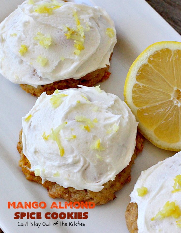 Mango Almond Spice Cookies | Can't Stay Out of the Kitchen | these amazing #cookies are heavenly. The #Lemon Buttercream Frosting is divine. Perfect for summer holidays, backyard barbecues & potlucks. #dessert #mangos