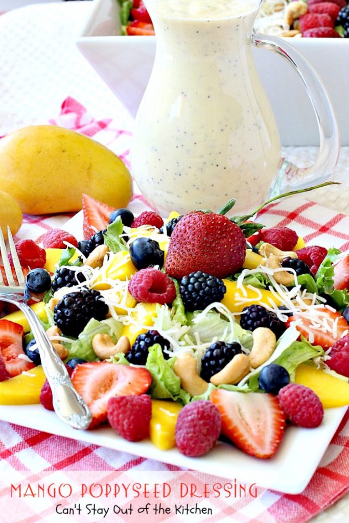 Mango Poppyseed Dressing | Can't Stay Out of the Kitchen | this wonderful #saladdressing is made with healthy #cleaneating ingredients. Delicious over any type of tossed #salad. #Greekyogurt #mangos
