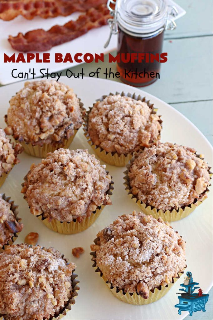 Maple Bacon Muffins | Can't Stay Out of the Kitchen | these luscious #muffins just pop with flavor since they use both #MapleSyrup & #MapleExtract. #Bacon makes everything better and adds just a hint of saltiness & crunchiness. These scrumptious #BreakfastMuffins are a fantastic #breakfast idea for #FathersDay, #holidays or company breakfasts. #MapleBaconMuffins