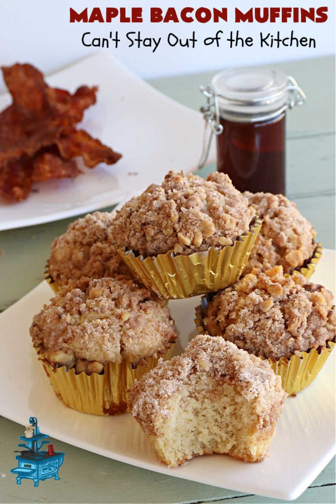 Maple Bacon Muffins | Can't Stay Out of the Kitchen | these luscious #muffins just pop with flavor since they use both #MapleSyrup & #MapleExtract. #Bacon makes everything better and adds just a hint of saltiness & crunchiness. These scrumptious #BreakfastMuffins are a fantastic #breakfast idea for #FathersDay, #holidays or company breakfasts. #MapleBaconMuffins