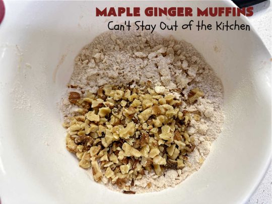 Maple Ginger Muffins | Can't Stay Out of the Kitchen | these outrageous #muffins will rock your world! They explode with #CandiedGinger flavor & are so mouthwatering & irresistible, you're going to want more than one. Marvelous for #holiday #breakfast & Brunch buffets like #Christmas, #Thanksgiving or #NewYearsDay. Every bite will have you swooning! #MapleSyrup #MapleExtract #walnuts #CrystalizedGinger #ParadiseFruit #MapleGingerMuffins