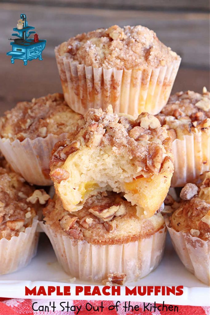 Maple Peach Muffins | Can't Stay Out of the Kitchen | Indulge your sweet tooth by making a batch of these sensational #muffins for your next weekend, company or #holiday #breakfast or #brunch. These include both #MapleSyrup & #MapleExtract for a bump in flavor. #Peaches & a #StreuselTopping that includes #pecans makes them especially good. #MaplePeachMuffins