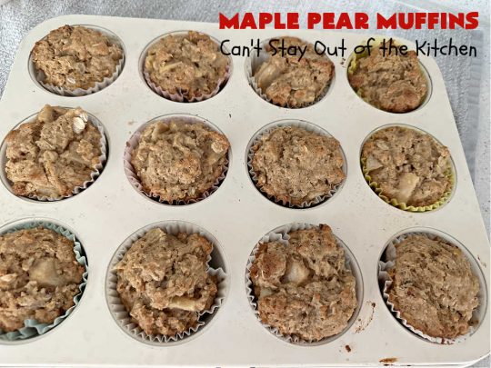 Maple Pear Muffins | Can't Stay Out of the Kitchen | these #muffins are absolutely delightful for a weekend, company or #holiday #breakfast. They're filled with #pears, #pecans, #oatmeal, #MapleSyrup & #MapleExtract to make them pop in flavor. #Cinnamon icing puts them over the top! Every bite will have you drooling. #MaplePearMuffins
