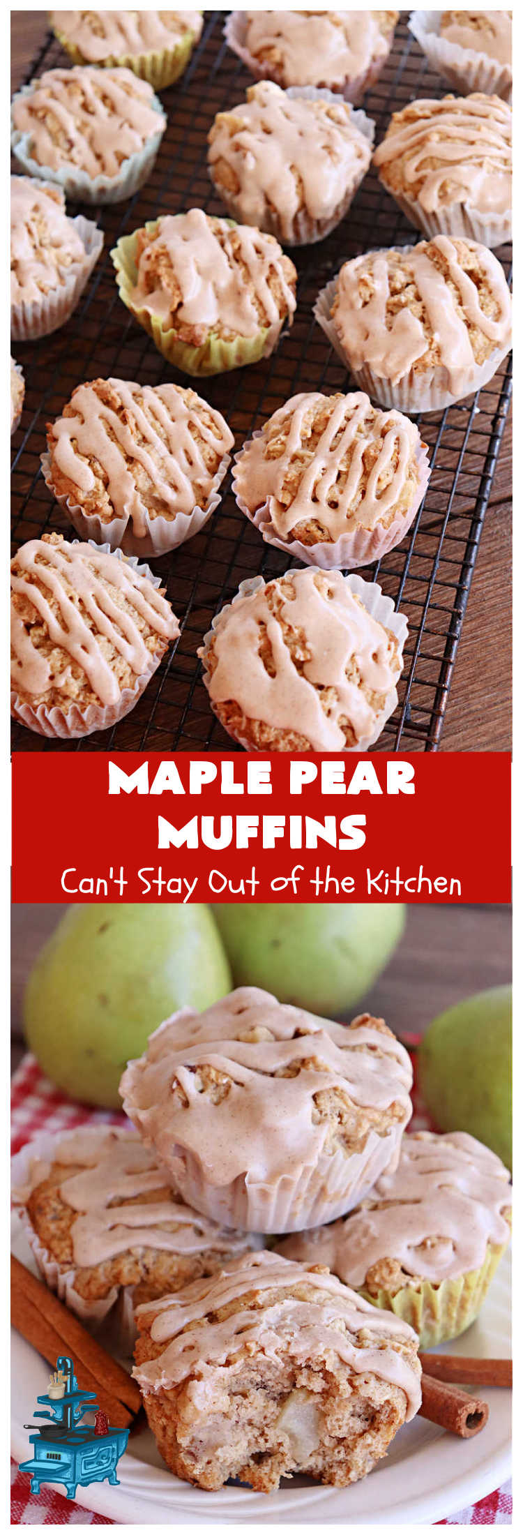 Maple Pear Muffins | Can't Stay Out of the Kitchen | these #muffins are absolutely delightful for a weekend, company or #holiday #breakfast. They're filled with #pears, #pecans, #oatmeal, #MapleSyrup & #MapleExtract to  make them pop in flavor. #Cinnamon icing puts them over the top! Every bite will have you drooling. #MaplePearMuffins