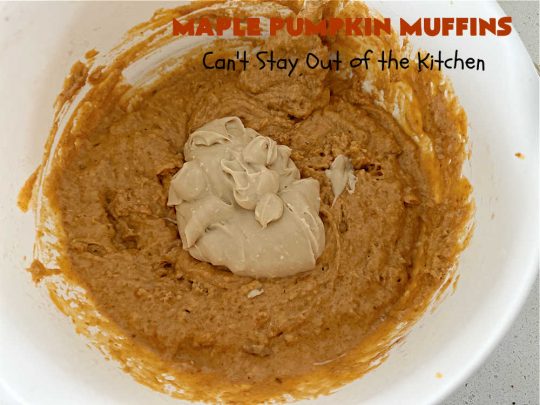 Maple Pumpkin Muffins | Can't Stay Out of the Kitchen | these fantastic #muffins include a #cheesecake layer swirled through the batter! They're topped with a lovely #streusel topping that adds a delightful crunch. Tasty treat for a weekend, company or #holiday #breakfast or #brunch. #pecans #MapleSyrup #pumpkin #CreamCheese #PumpkinMuffins #FallBaking #MaplePumpkinMuffins