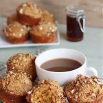 Maple Pumpkin Muffins | Can't Stay Out of the Kitchen | these fantastic #muffins include a #cheesecake layer swirled through the batter! They're topped with a lovely #streusel topping that adds a delightful crunch. Tasty treat for a weekend, company or #holiday #breakfast or #brunch. #pecans #MapleSyrup #pumpkin #CreamCheese #PumpkinMuffins #FallBaking #MaplePumpkinMuffins