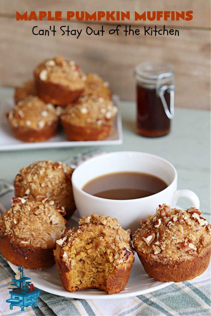 Maple Pumpkin Muffins | Can't Stay Out of the Kitchen | these fantastic #muffins include a #cheesecake layer swirled through the batter! They're topped with a lovely #streusel topping that adds a delightful crunch. Tasty treat for a weekend, company or #holiday #breakfast or #brunch. #pecans #MapleSyrup #pumpkin #CreamCheese #PumpkinMuffins #FallBaking #MaplePumpkinMuffins