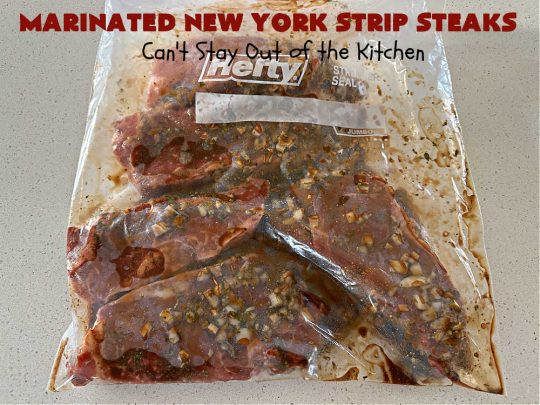 Marinated New York Strip Steaks | Can't Stay Out of the Kitchen | This is a terrific way to enjoy #steaks using ingredients found in your pantry! The #NYStripSteaks are marinated overnight and then grilled the next day. Perfect for company or family dinners. #GlutenFree #MarinatedSteaks #beef #MarinatedNewYorkStripSteaks #MarinatedSirloinSteak