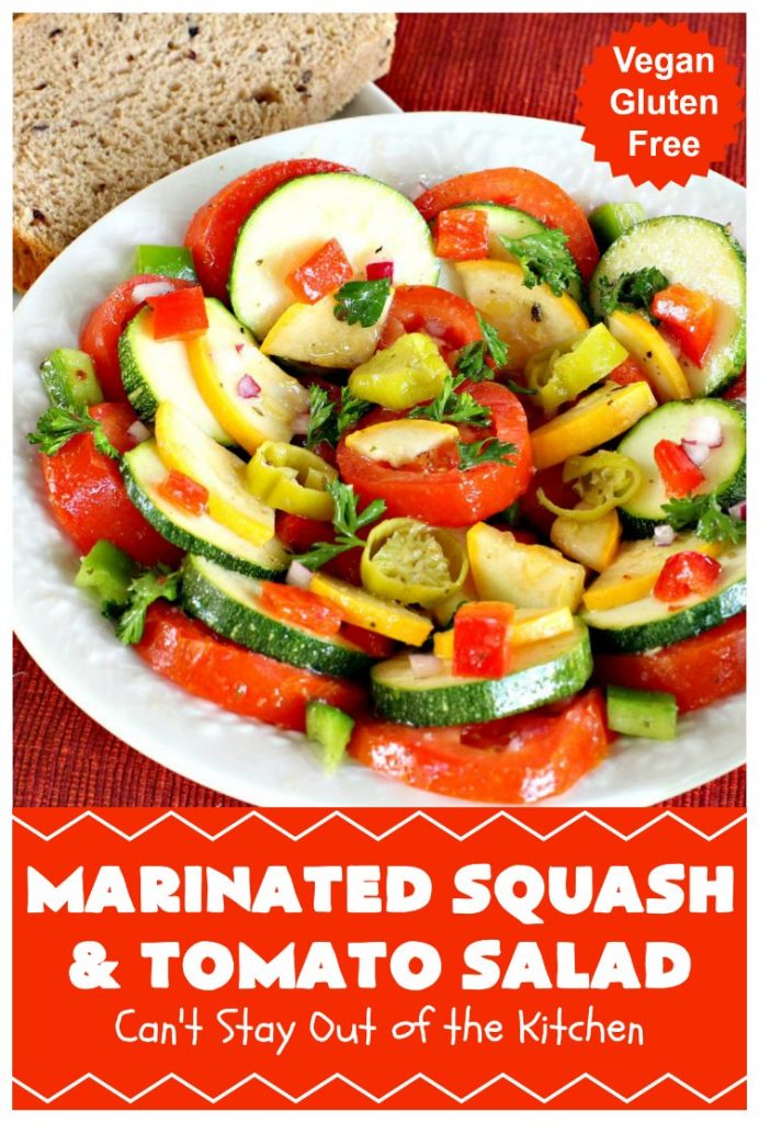 Marinated Squash and Tomato Salad | Can't Stay Out of the Kitchen | this delicious #salad is a refreshing & mouthwatering way to eat your #veggies! Perfect for summer #holidays, potlucks & backyard barbecues. #zucchini #tomatoes #YellowSquash #FarmersBoyGreekDressing #vegan #GlutenFree #MarinatedSquashAndTomatoSalad